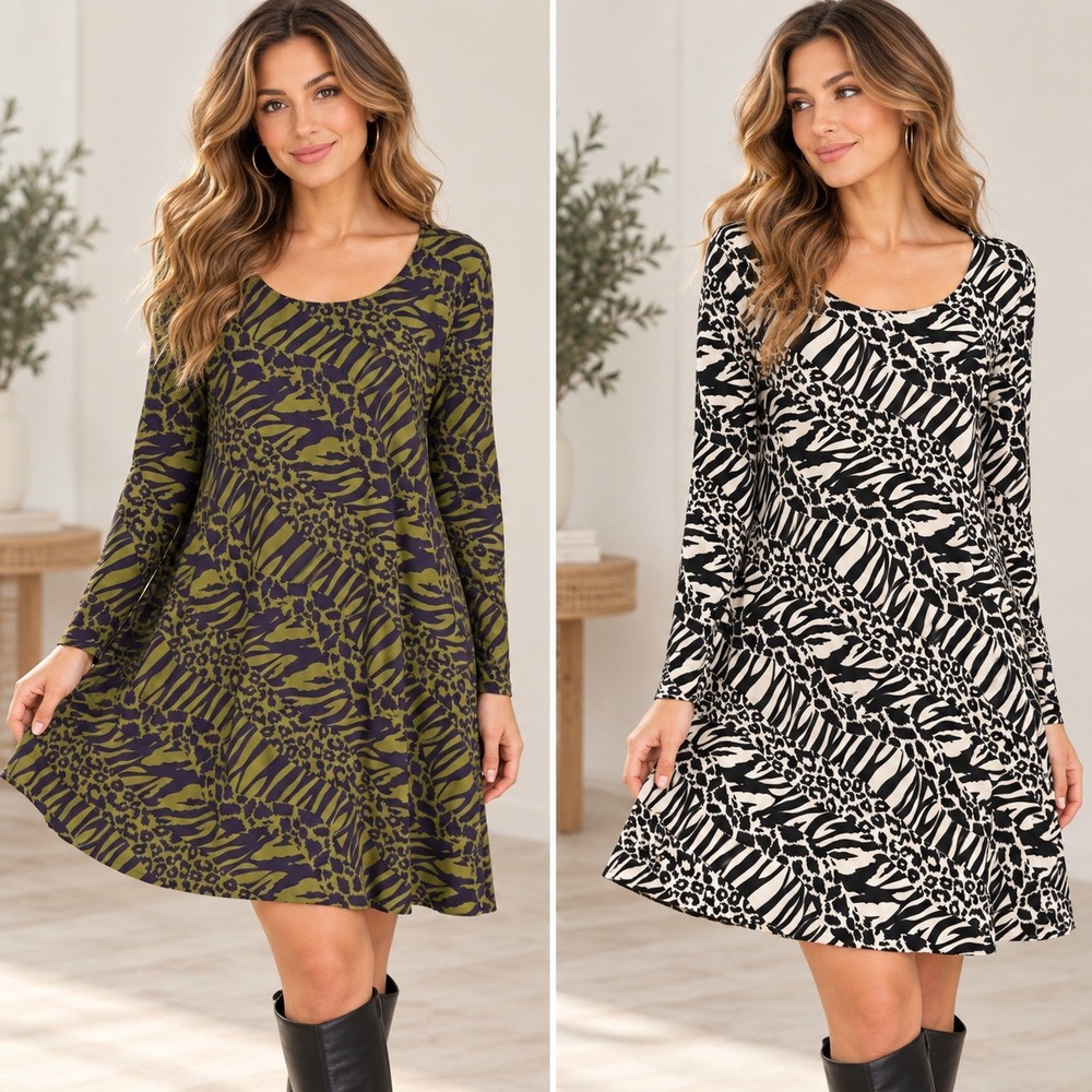 Reversible Tunic Dress Animal Print Zebra Leopard Green Black Stretch Artsy L